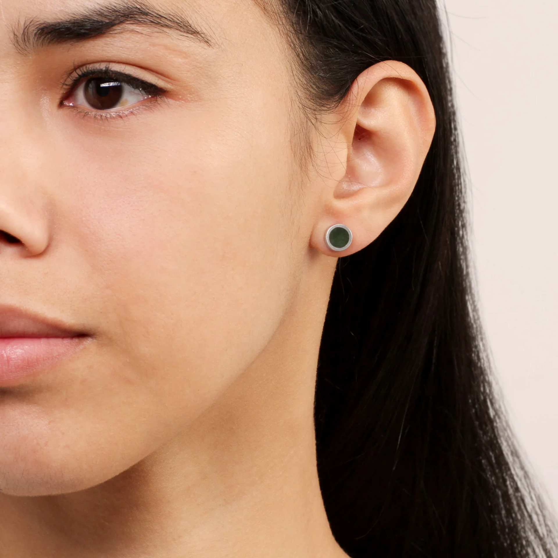 New Zealand Jade Small Round Earrings on model