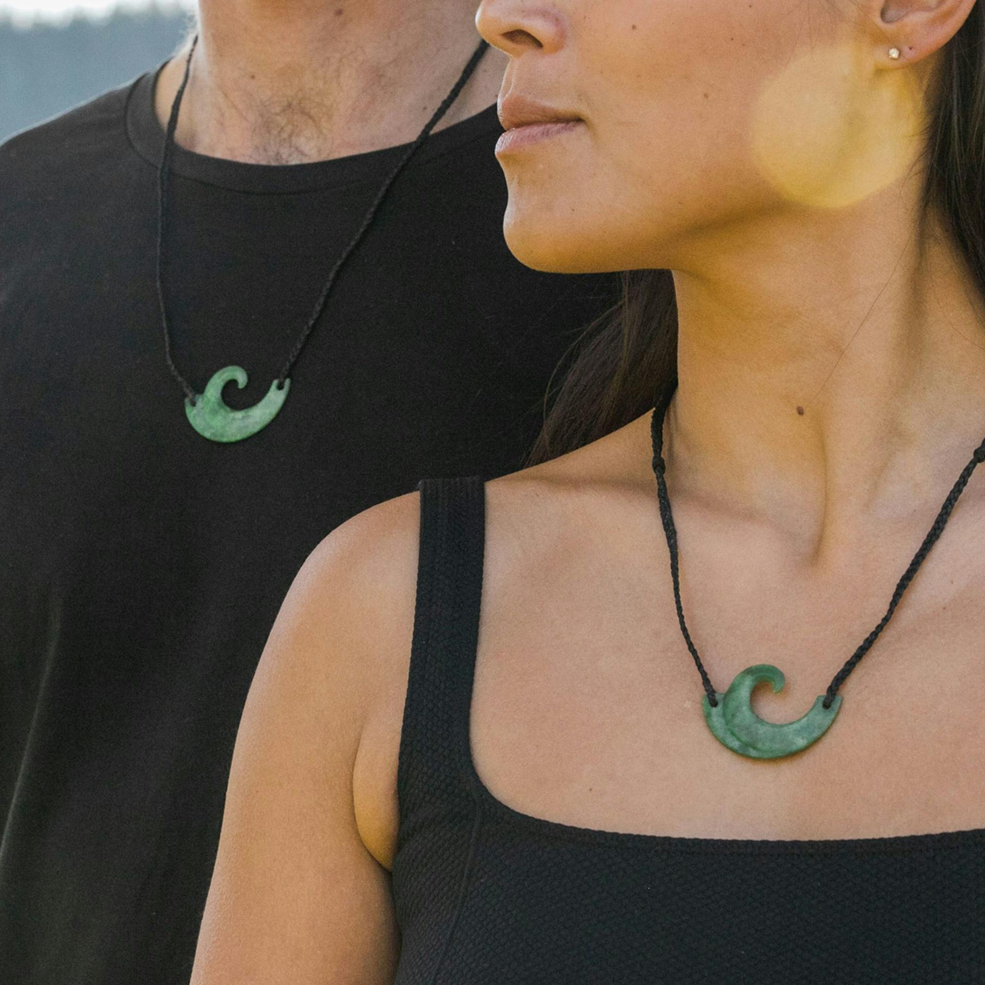 Couple wear New Zealand Pounamu Spiral Set Same Stone
