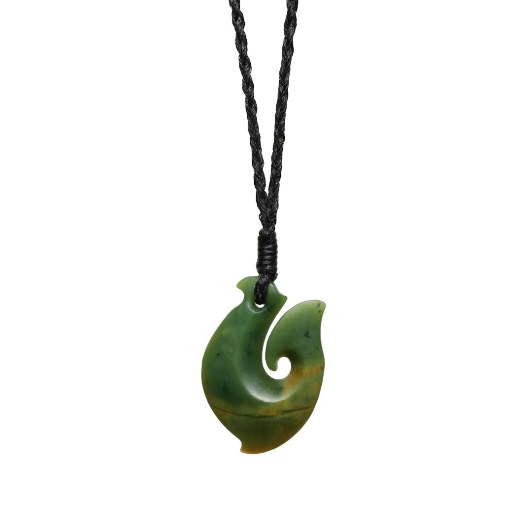 Black Jade Fish Hook Necklace with Adjustable Jade Beads on Black Nylo