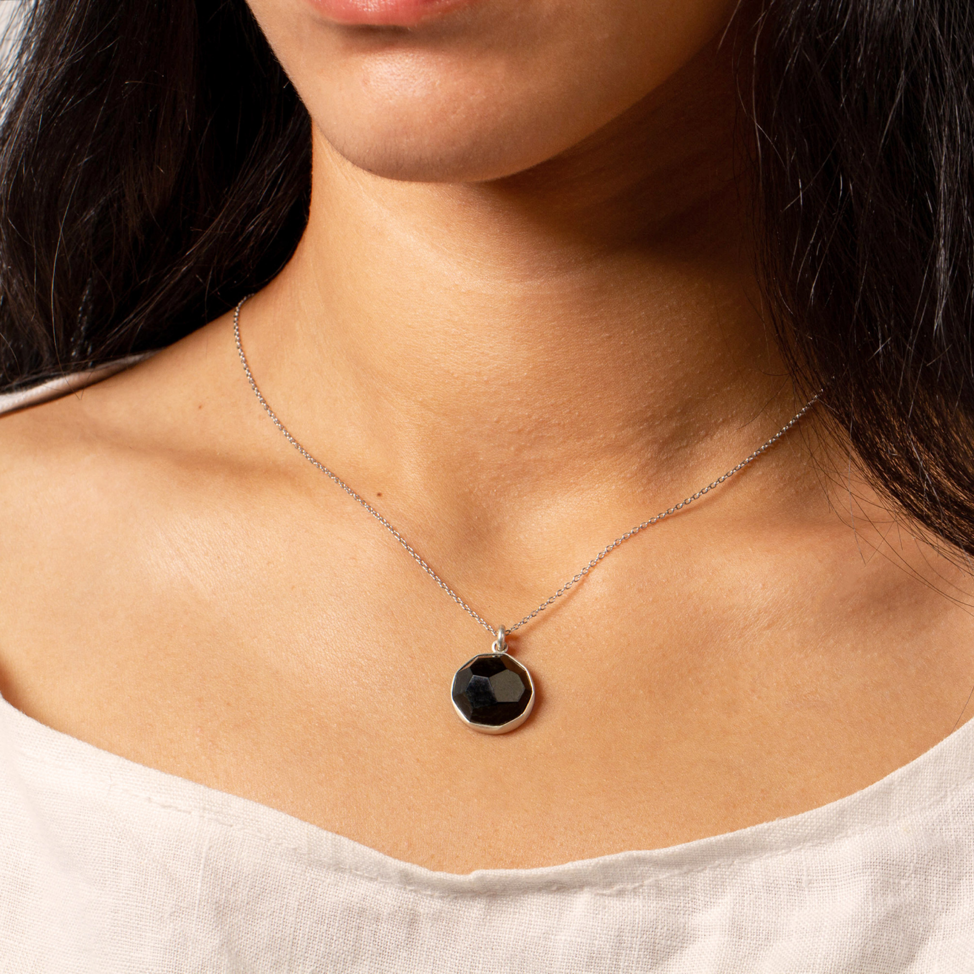 Australian Black Jade Large Faceted Necklace - Stirling Silver on model