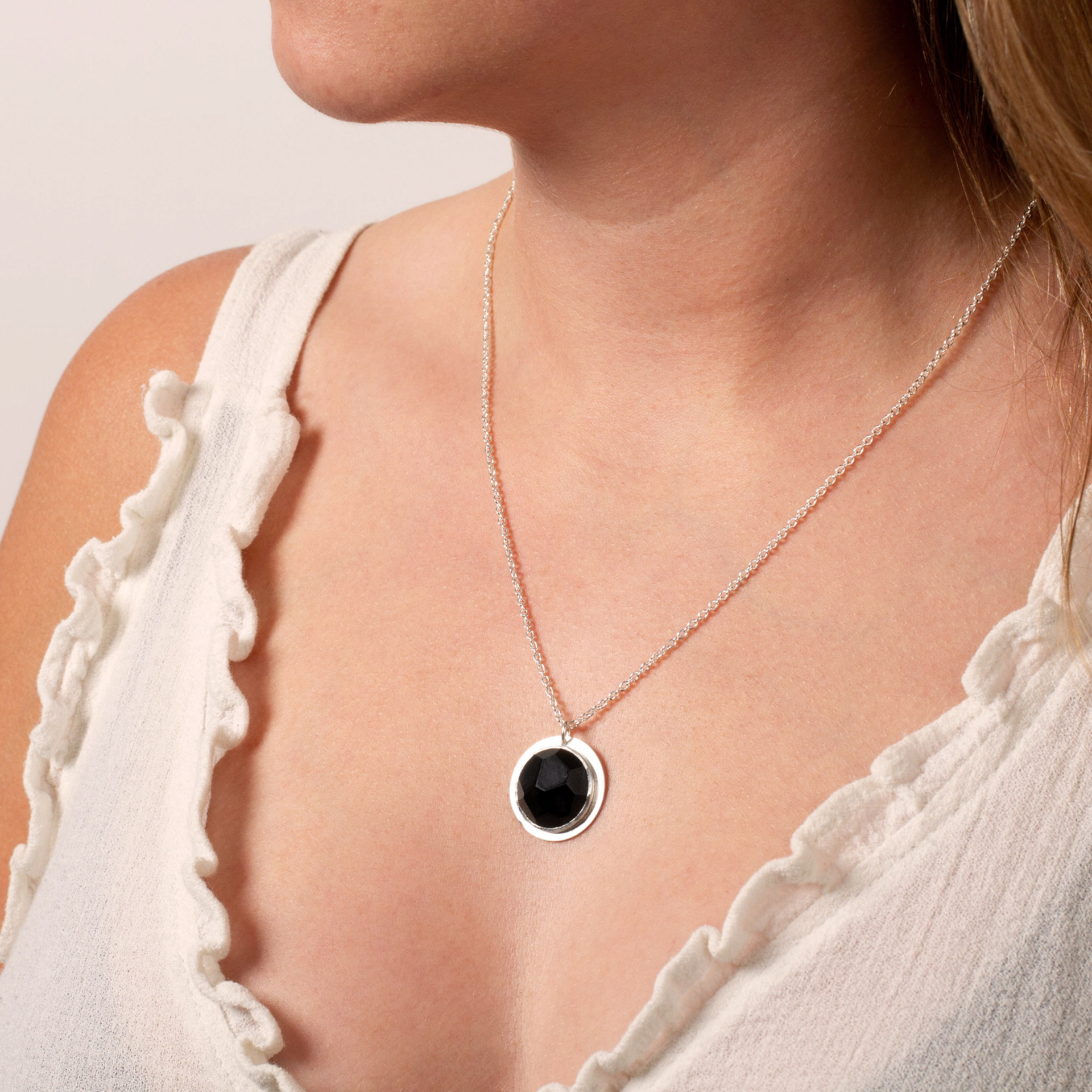 Australian Black Jade Large Faceted Necklace - Stirling Silver Edge on model