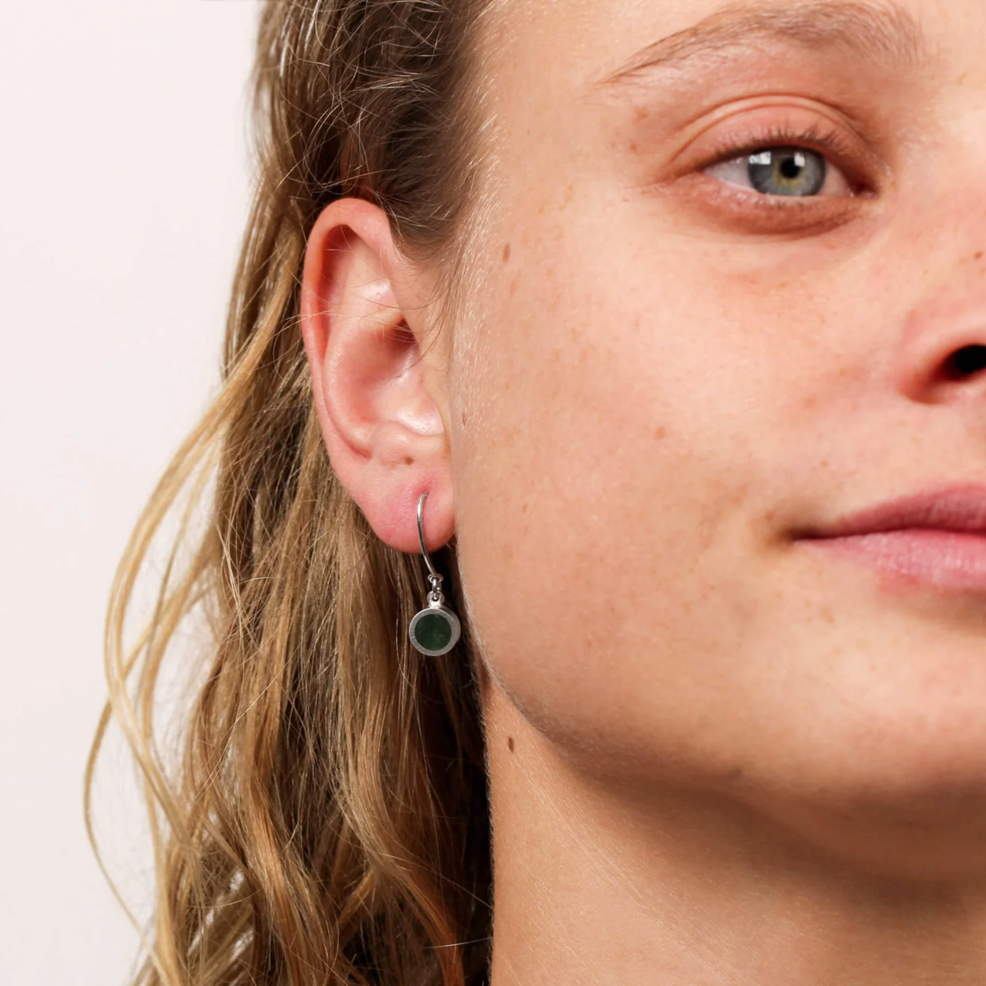 New Zealand Greenstone Tiny Round Drop Earrings on model