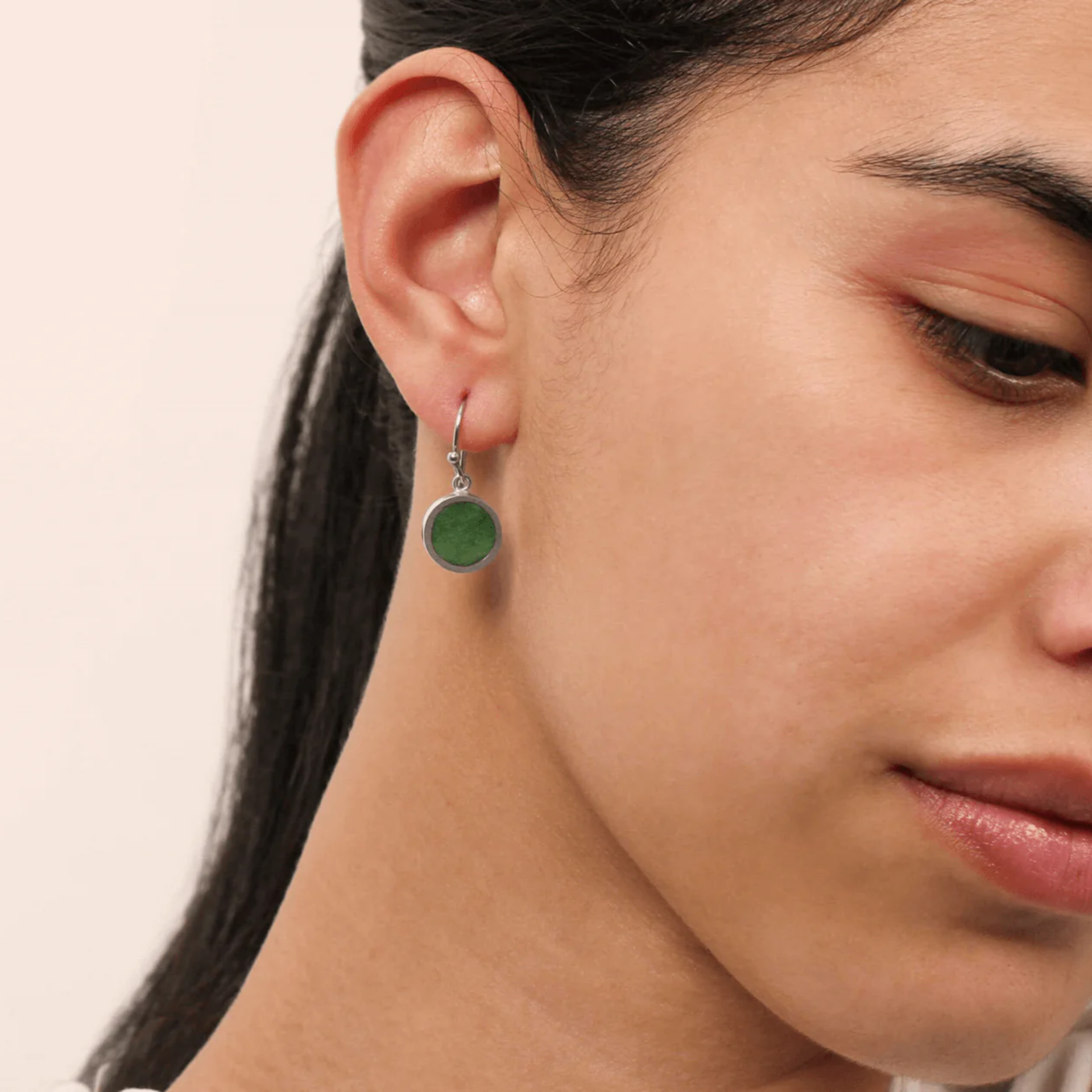 New Zealand Greenstone Small Round Drop Earrings on model