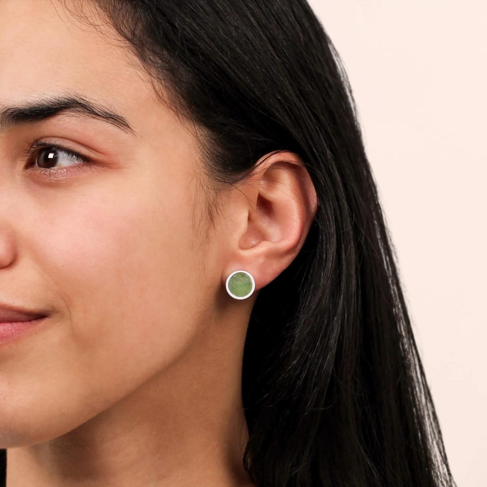 New Zealand Jade Small Silver Stud Earrings on model
