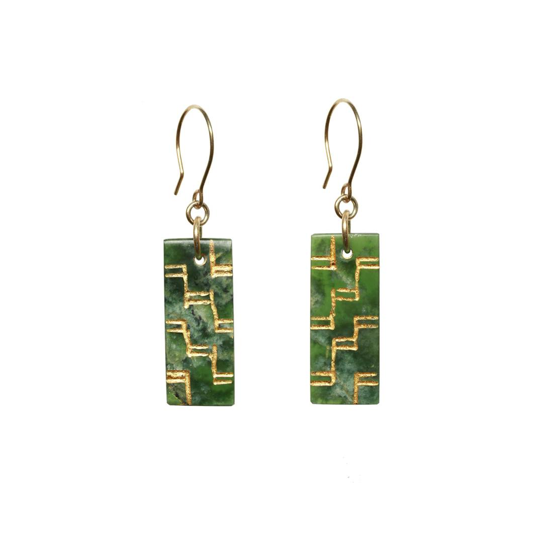 New Zealand Jade Earrings with Gold Leaf Poutama Accent