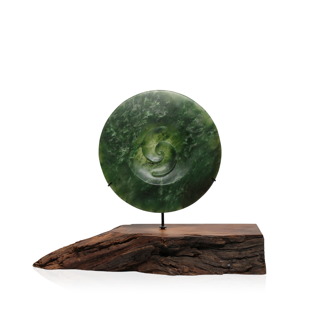 Jade Disc Sculpture with Double Koru