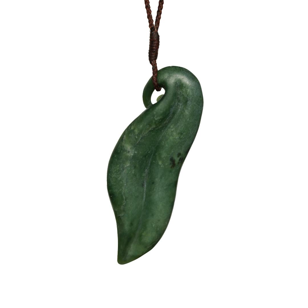 New Zealand Greenstone Contemporary Leaf Pendant with Koru