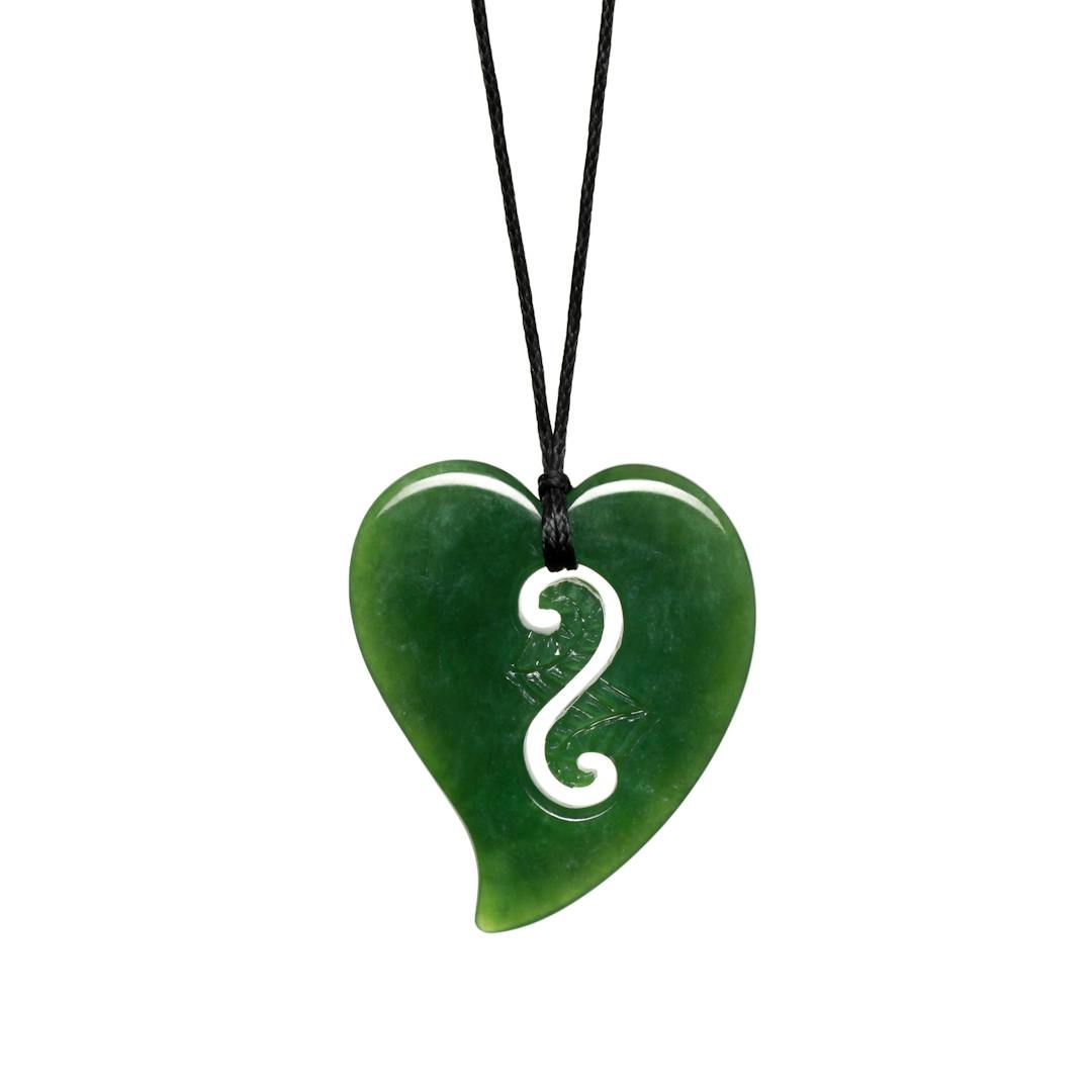 New Zealand Jade Heart with Koru and Ferns