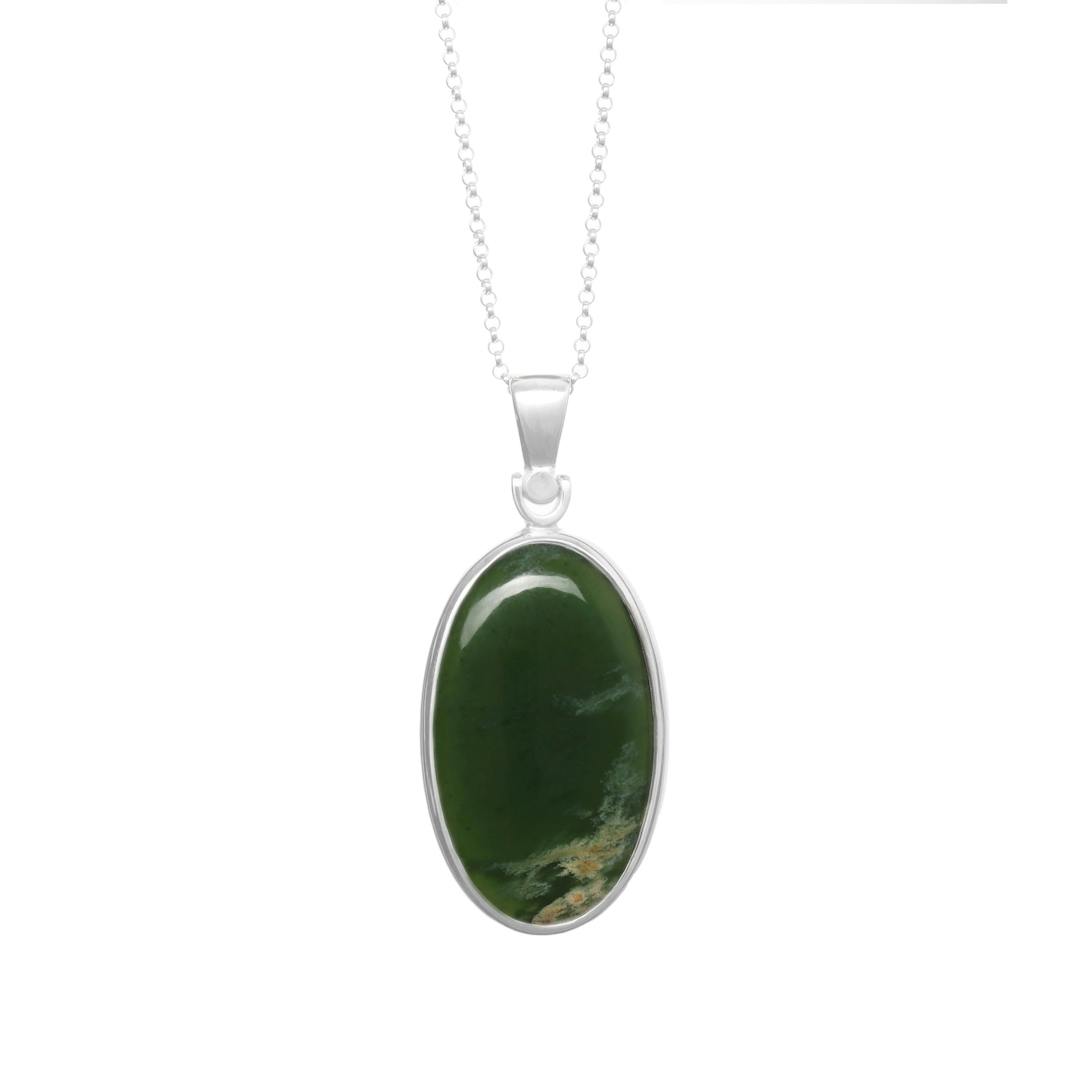 New Zealand Greenstone and Stirling Silver Oval Necklace