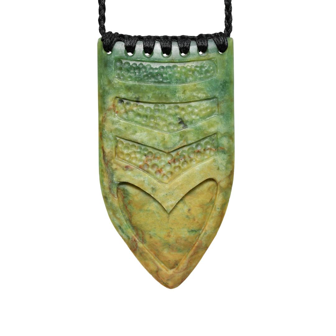 New Zealand Greestone Shield Pendant with Detail