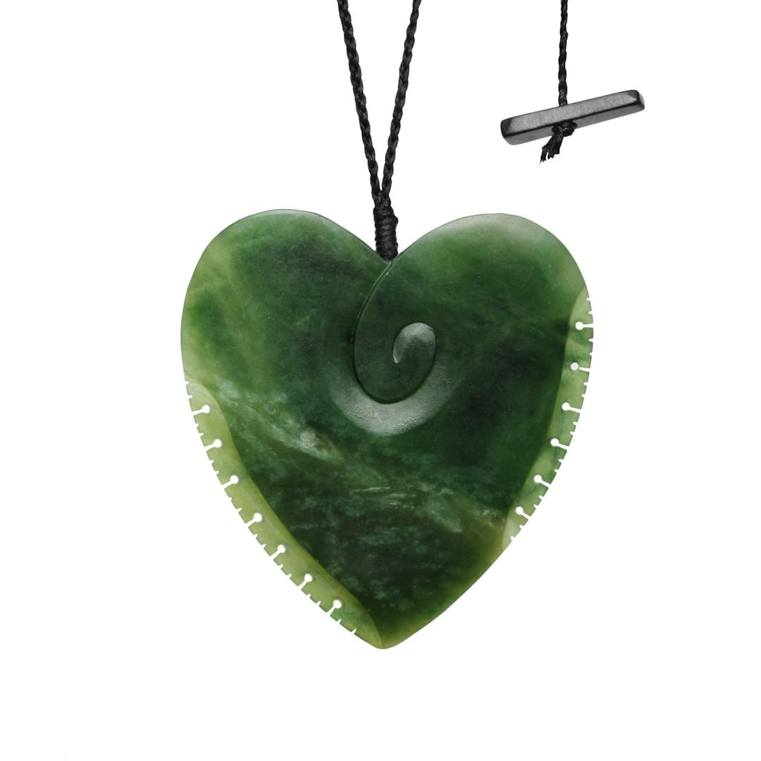 New Zealand Jade Heart with Koru and Notches