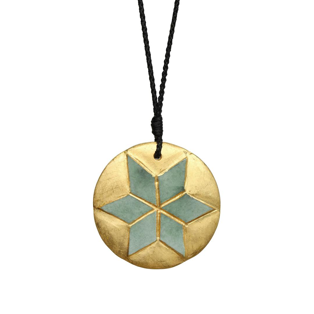 New Zealand Jade and 23ct Gold Leaf Disk Pendant with Toku-Toku Pattern