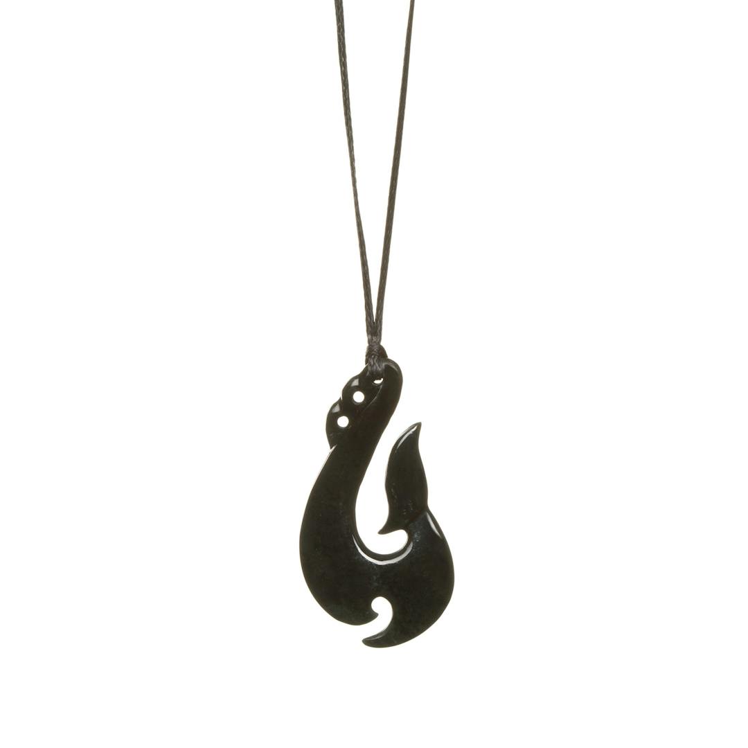 Australian Black Jade Slender Manaia Hook Necklace
