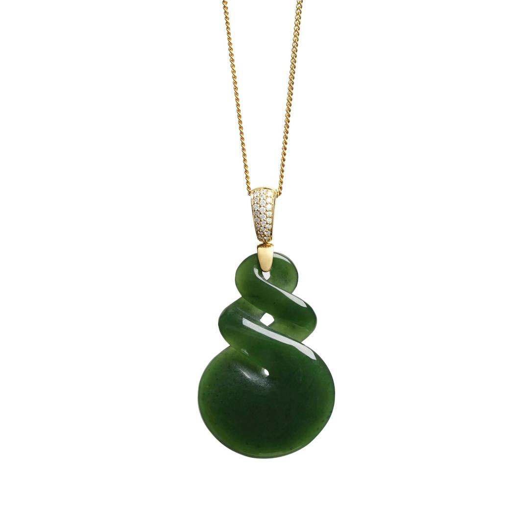 New Zealand Greenstone Double Twist with Gold and Diamond Bale